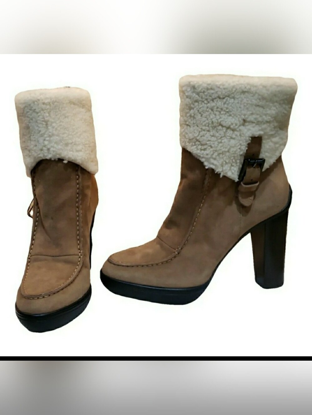 Tod's Tan Suede Shearling Cuff Wedge Boots